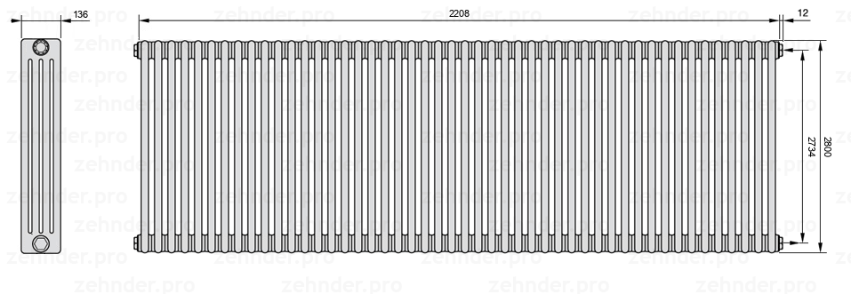 Схема (чертеж) Радиатор Zehnder Charleston 4280/48 №7610 Белый глянцевый RAL 9016